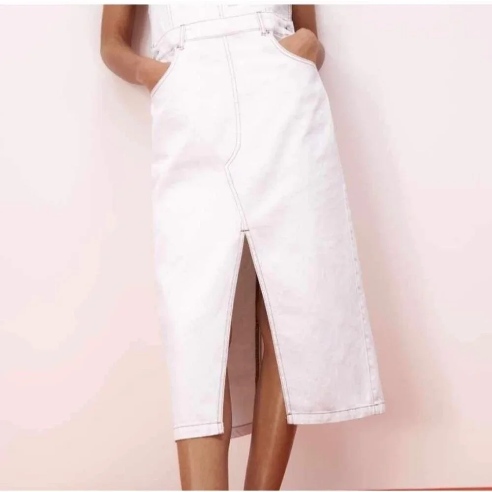 Zara Off White Brown Stitches Denim Overall Dress Bib Skirt Size Medium - Picture 2 of 14